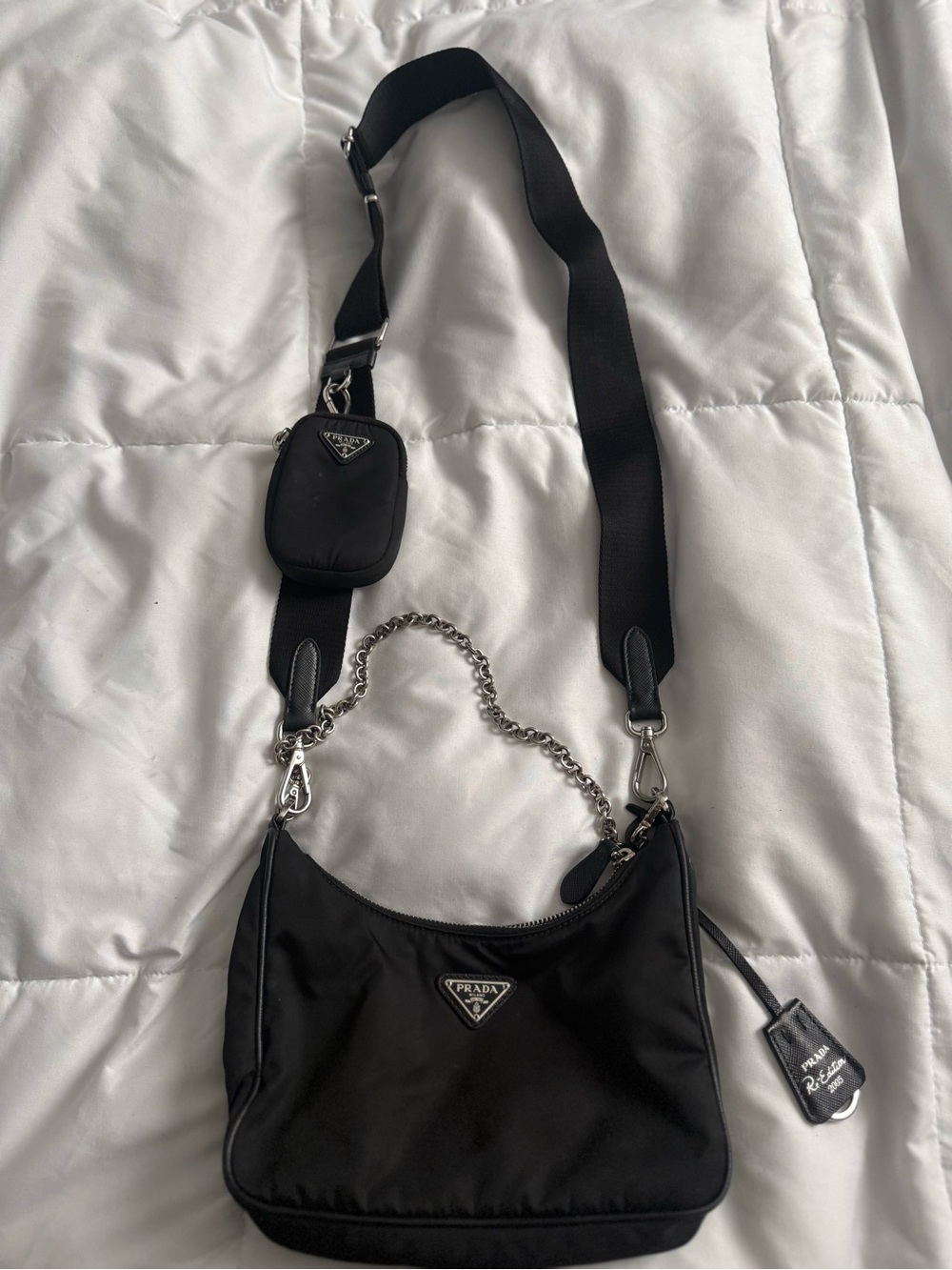 Prada Black Nylon Shoulder Bag with Chain Handle and Removable Strap